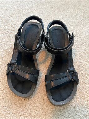 Teva Black Leather T-Strap Sandals